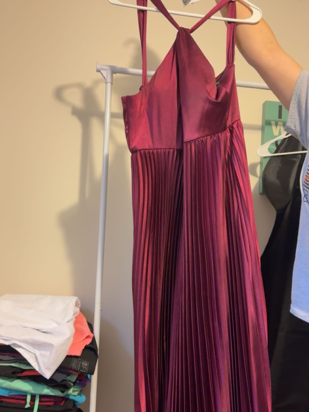 Pleated Satin Maxi Dress in Burgundy